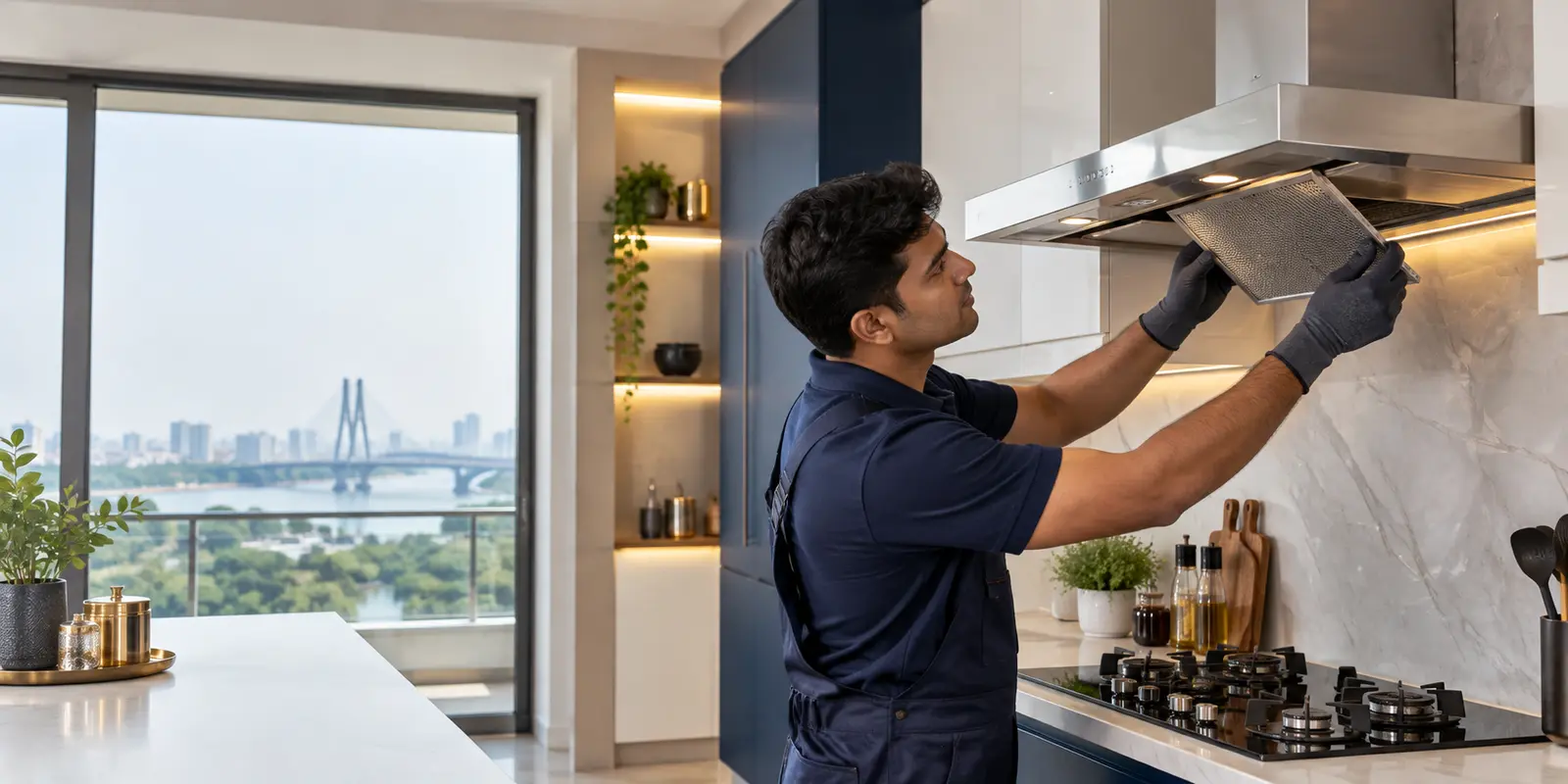 Professional technician inspecting and cleaning a modern kitchen chimney